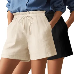 2 Pack Women's Linen Shorts Summer Cotton Casual High Waisted Wide Leg Drawstring Beach Short with Pockets