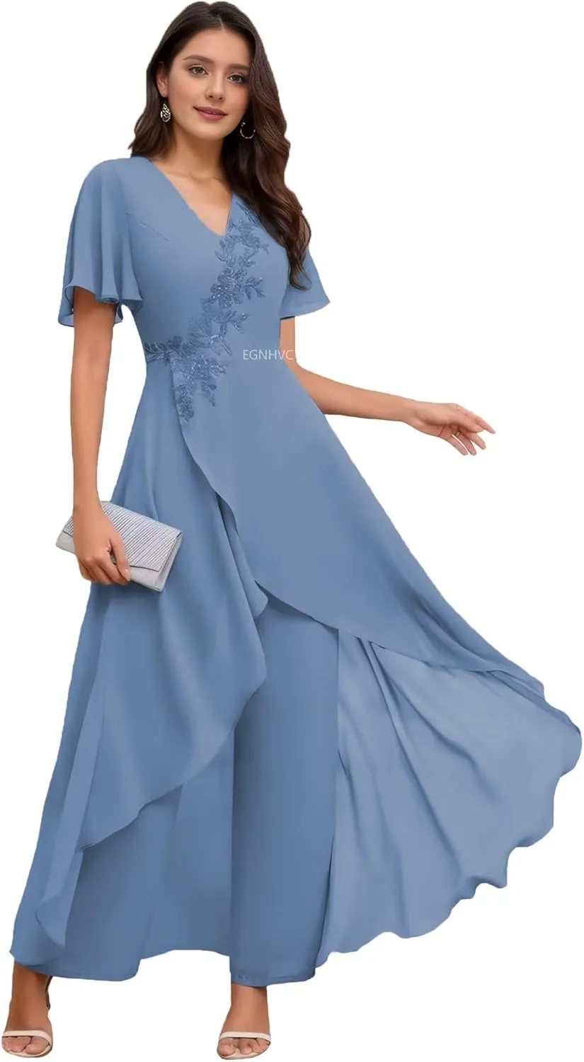 2 Pieces Mother of The Bride Pant Suits Plus Size Short Sleeve Chiffon Formal Outfit Womens Jumpsuit Deep Dusty Blue 26W