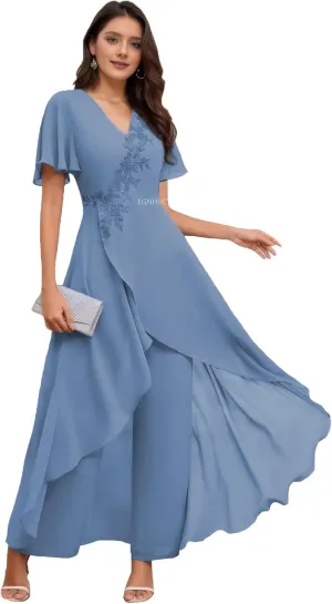 2 Pieces Mother of The Bride Pant Suits Plus Size Short Sleeve Chiffon Formal Outfit Womens Jumpsuit Deep Dusty Blue 26W