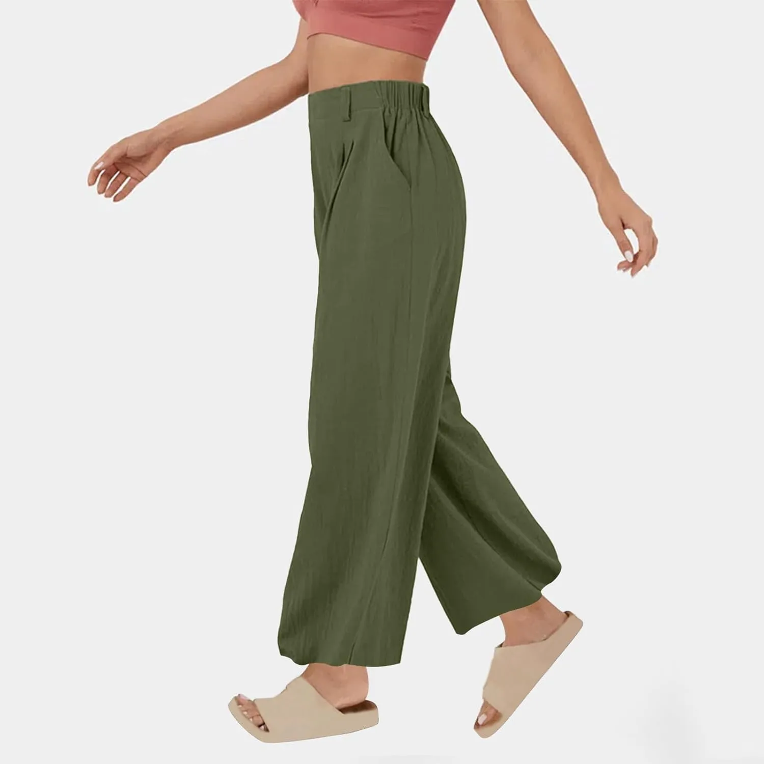 2025 Trendy Pure Color Linen Pants for Women's Elastic Waist Wide Leg Casual Trousers with Pockets, Loose Fit