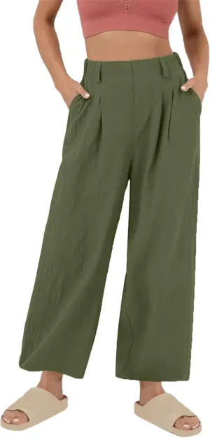2025 Trendy Pure Color Linen Pants for Women's Elastic Waist Wide Leg Casual Trousers with Pockets, Loose Fit