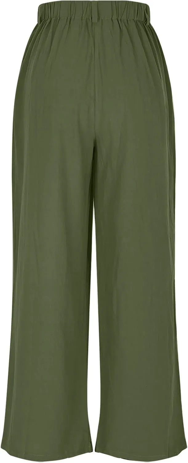 2025 Trendy Pure Color Linen Pants for Women's Elastic Waist Wide Leg Casual Trousers with Pockets, Loose Fit