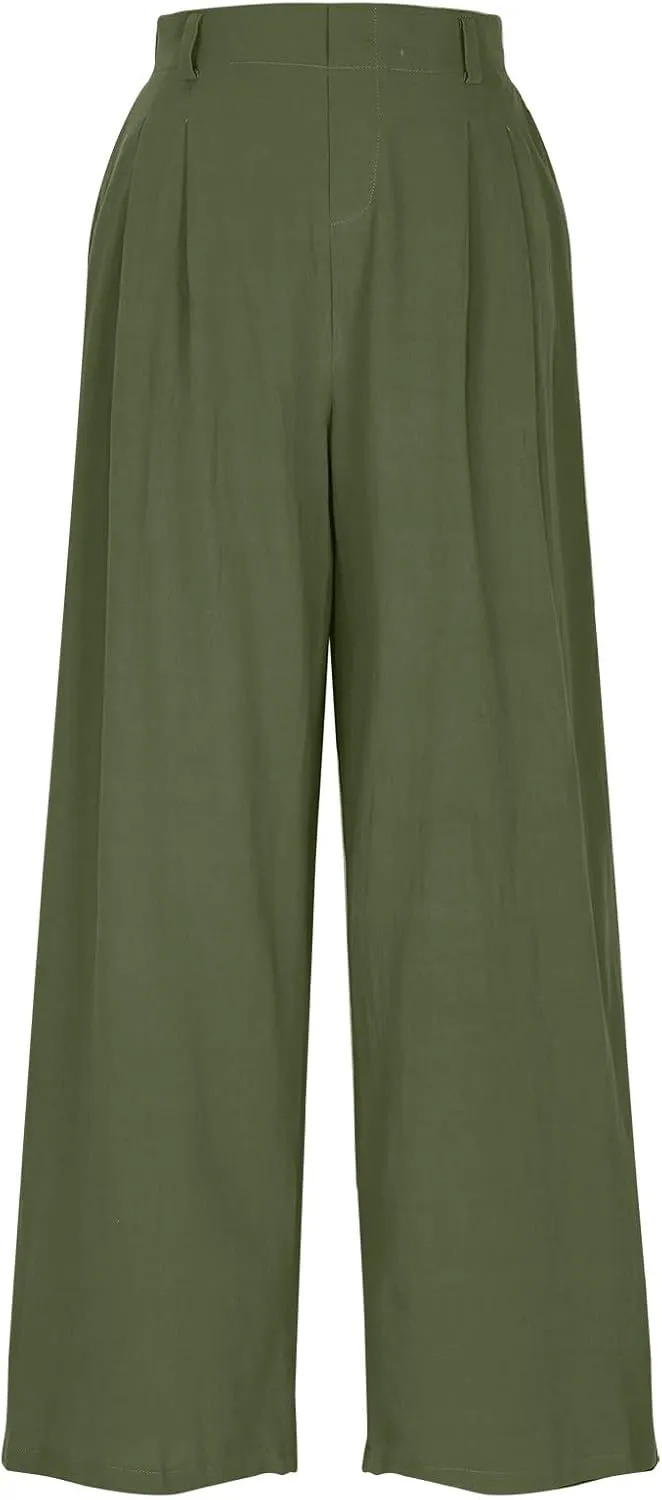 2025 Trendy Pure Color Linen Pants for Women's Elastic Waist Wide Leg Casual Trousers with Pockets, Loose Fit