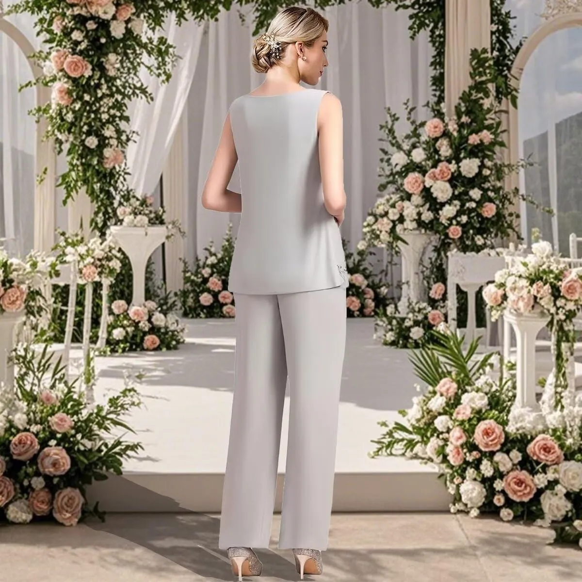 3 Piece Mother of Bride Pant Suits Elegant Chiffon Sets Plus Size Lace Formal Wedding Guest Outfit with Jacket