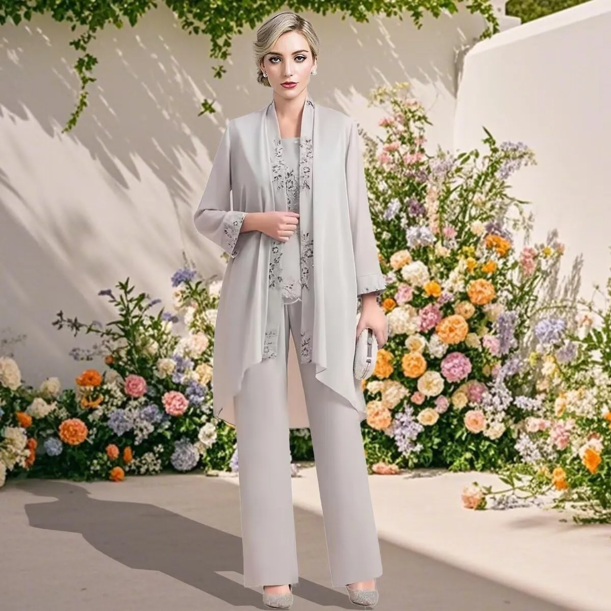 3 Piece Mother of Bride Pant Suits Elegant Chiffon Sets Plus Size Lace Formal Wedding Guest Outfit with Jacket