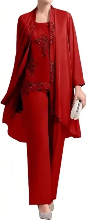 3 Piece Mother of Bride Pant Suits Elegant Chiffon Sets Plus Size Lace Formal Wedding Guest Outfit with Jacket