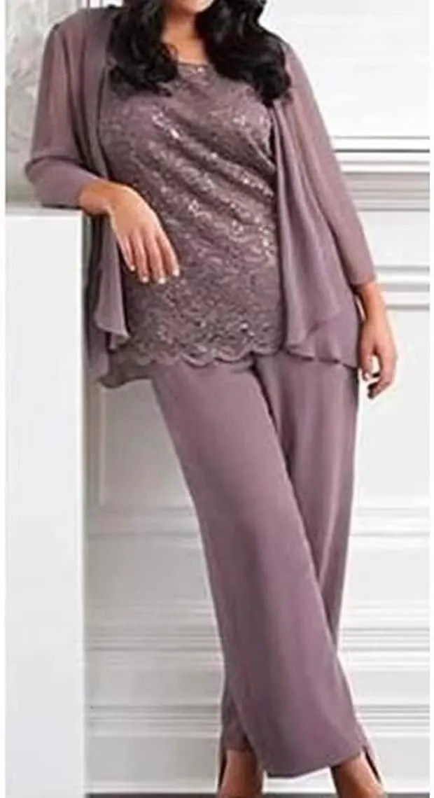 3 Pieces Mother of The Bride Dresses Pant Suits Lace Appliques Chiffon Long Wedding Guest Dress with Jacket
