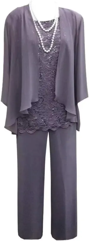 3 Pieces Mother of The Bride Dresses Pant Suits Lace Appliques Chiffon Long Wedding Guest Dress with Jacket