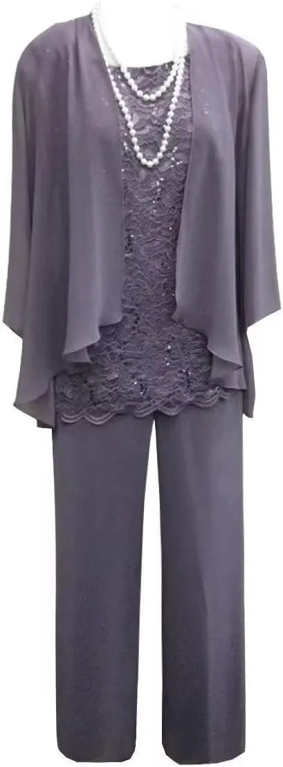 3 Pieces Mother of The Bride Dresses Pant Suits Lace Appliques Chiffon Long Wedding Guest Dress with Jacket