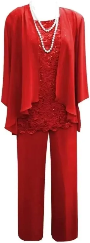 3 Pieces Mother of The Bride Dresses Pant Suits Lace Appliques Chiffon Long Wedding Guest Dress with Jacket