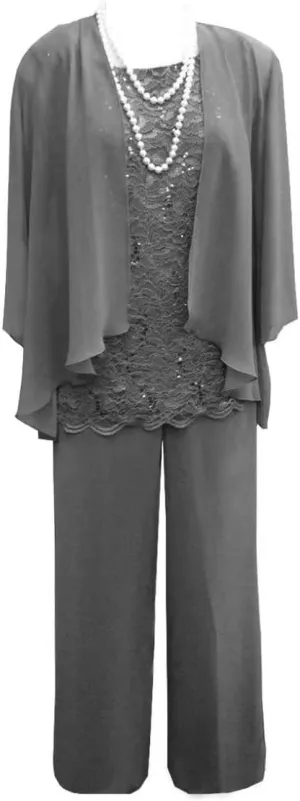 3 Pieces Mother of The Bride Dresses Pant Suits Lace Appliques Chiffon Long Wedding Guest Dress with Jacket