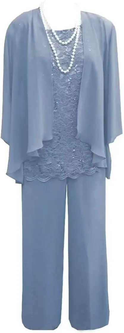 3 Pieces Mother of The Bride Dresses Pant Suits Lace Appliques Chiffon Long Wedding Guest Dress with Jacket