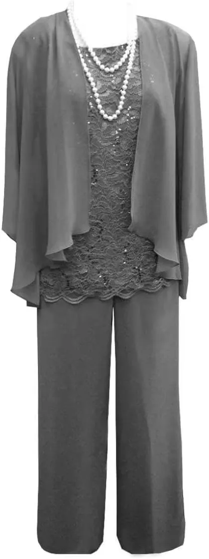 3 Pieces Mother of The Bride Dresses Pant Suits Lace Appliques Chiffon Long Wedding Guest Dress with Jacket
