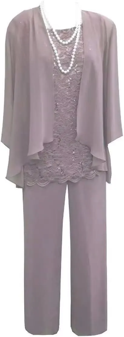 3 Pieces Mother of The Bride Dresses Pant Suits Lace Appliques Chiffon Long Wedding Guest Dress with Jacket