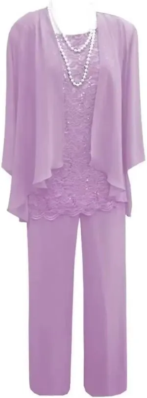 3 Pieces Mother of The Bride Dresses Pant Suits Lace Appliques Chiffon Long Wedding Guest Dress with Jacket