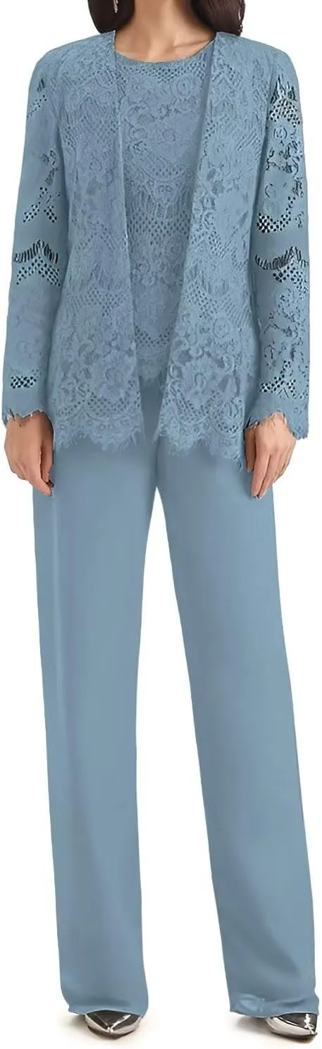 3 Pieces Mother of The Bride Pant Suits for Wedding Lace Chiffon Pant Suits Grandmother of The Bride Pant Suits