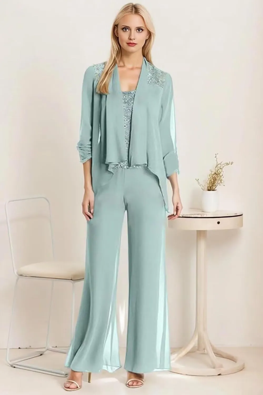 3Pcs Mother of The Bride Dresses Pantsuit for Wedding Long Sleeve Chiffon Formal Outfit with Sequins