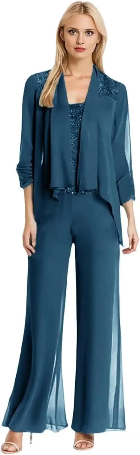 3Pcs Mother of The Bride Dresses Pantsuit for Wedding Long Sleeve Chiffon Formal Outfit with Sequins