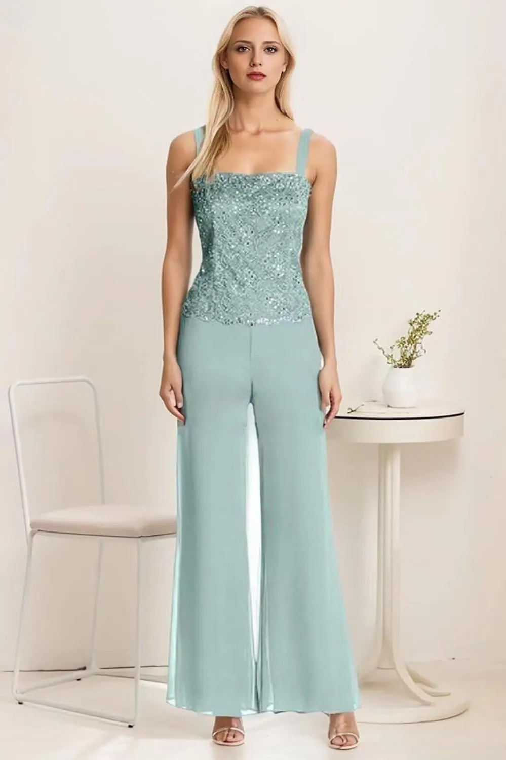 3Pcs Mother of The Bride Dresses Pantsuit for Wedding Long Sleeve Chiffon Formal Outfit with Sequins