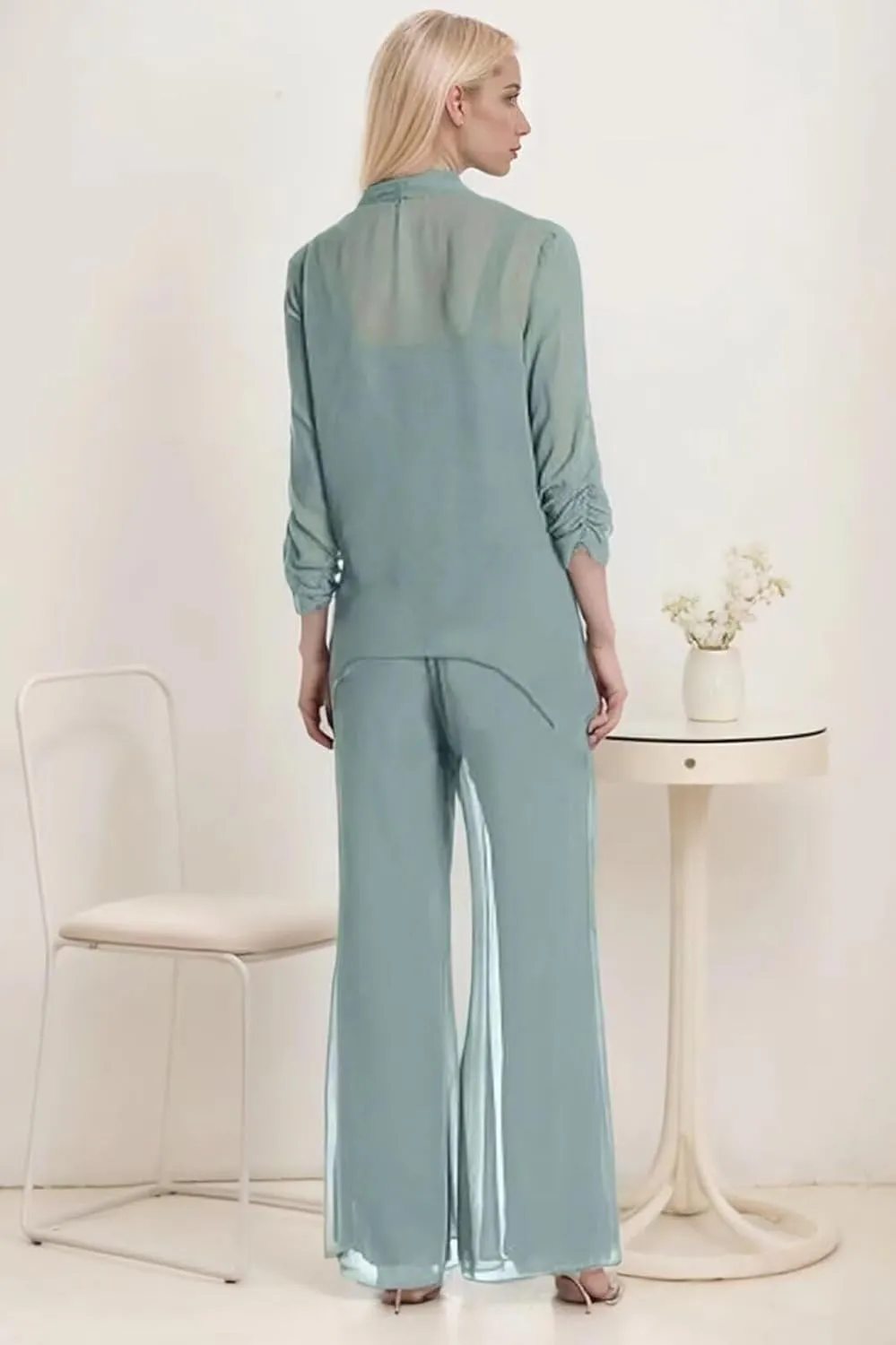 3Pcs Mother of The Bride Dresses Pantsuit for Wedding Long Sleeve Chiffon Formal Outfit with Sequins