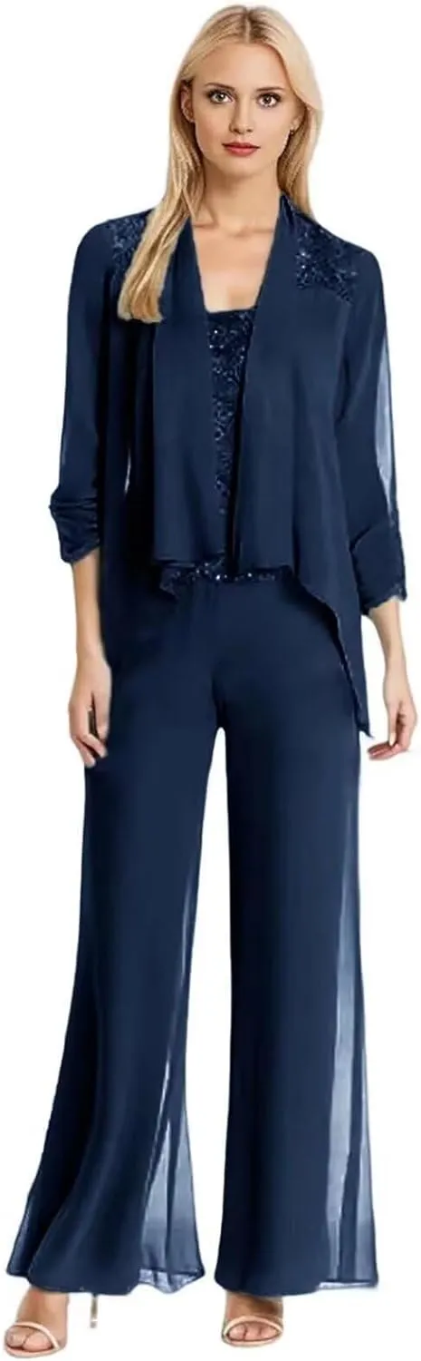 3Pcs Mother of The Bride Dresses Pantsuit for Wedding Long Sleeve Chiffon Formal Outfit with Sequins