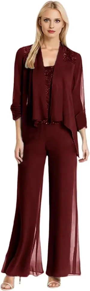 3Pcs Mother of The Bride Dresses Pantsuit for Wedding Long Sleeve Chiffon Formal Outfit with Sequins
