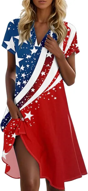 4Th of July Summer Midi Dresses for Women Patriotic Tshirt Dress Collared V Neck Short Sleeve Swing Festival Outfits
