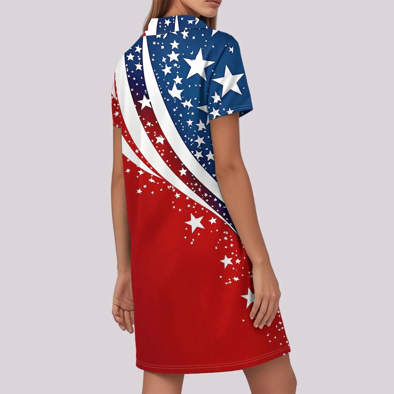 4Th of July Summer Midi Dresses for Women Patriotic Tshirt Dress Collared V Neck Short Sleeve Swing Festival Outfits