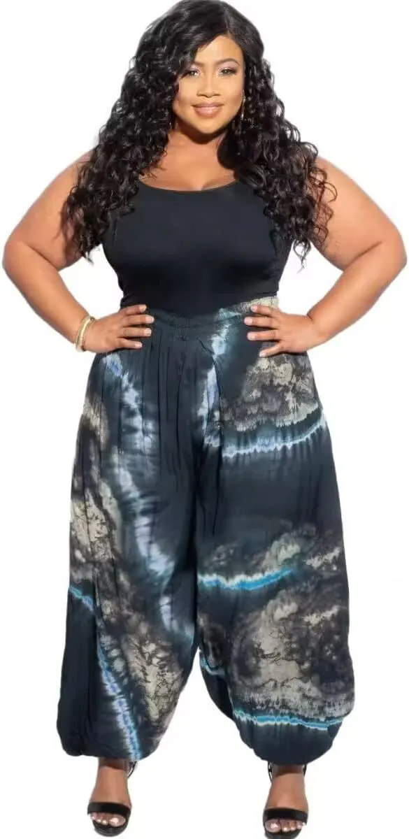 Acatmew Plus Size Harem Pants for Women African Print Casual Bohemian Loose Long Pants with Pocket