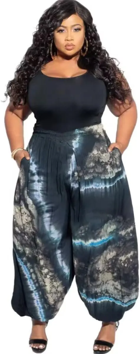 Acatmew Plus Size Harem Pants for Women African Print Casual Bohemian Loose Long Pants with Pocket