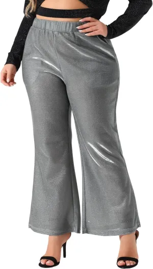 Agnes Orinda Plus Size Metallic Sparkly Pants for Women High Waist Wide Leg Pants Palazzo Trousers Clubwear