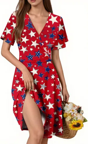 American Flag Dress Women 4th of July Patriotic USA Stars Stripes Midi Dresses Sexy Deep V- Neck Short Sleeve Summer Sundress