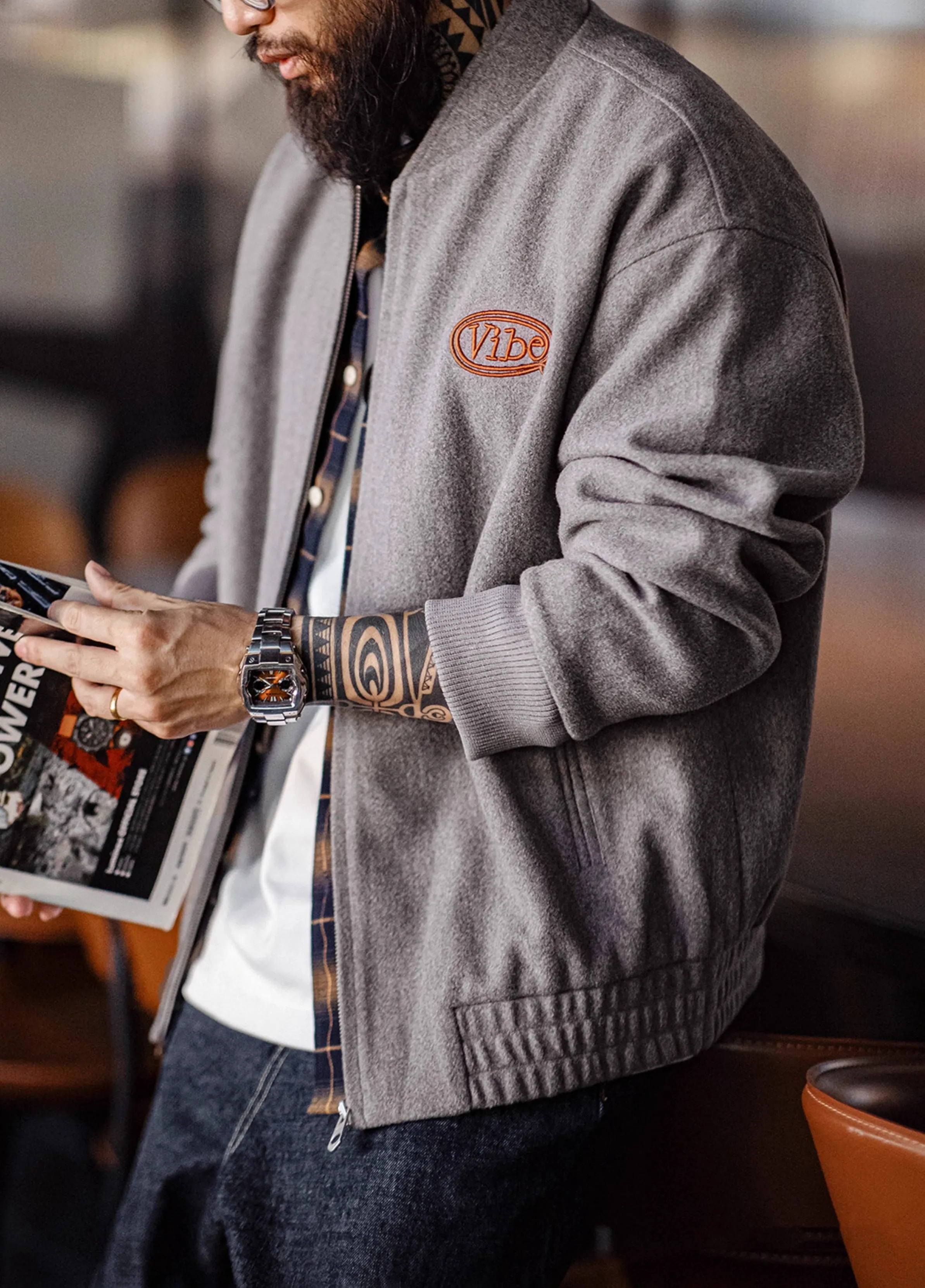 American Retro Woolen Baseball Embroidery Cuffed Sleeves Men's Jacket