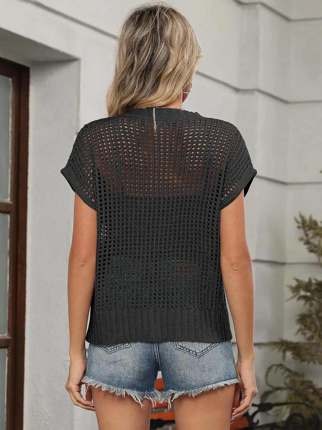 ANRABESS Womens Summer Crochet Sweater Tops Casual Cap Short Sleeve Hollow Out Mesh Knit Beach Cover Up Shirts 2025 Spring