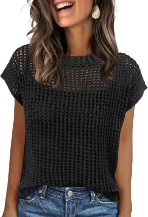 ANRABESS Womens Summer Crochet Sweater Tops Casual Cap Short Sleeve Hollow Out Mesh Knit Beach Cover Up Shirts 2025 Spring