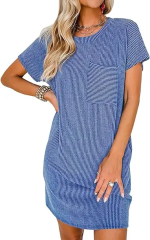 Apvirdy Dresses for Women 2024 Casual Short Sleeve Crewneck Summer Mini Tshirt Ribbed Knit Short Dress with Pockets,S-XXL