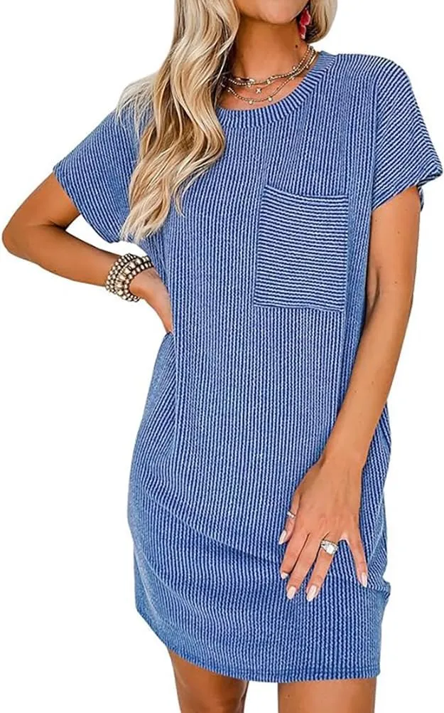 Apvirdy Dresses for Women 2024 Casual Short Sleeve Crewneck Summer Mini Tshirt Ribbed Knit Short Dress with Pockets,S-XXL