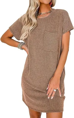 Apvirdy Dresses for Women 2024 Casual Short Sleeve Crewneck Summer Mini Tshirt Ribbed Knit Short Dress with Pockets,S-XXL