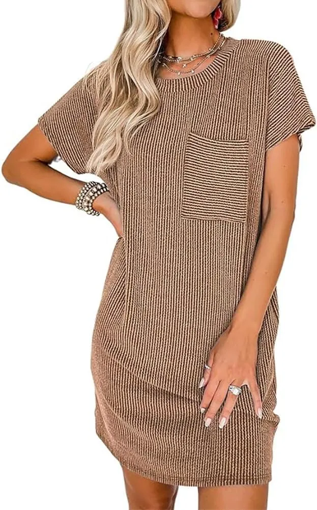 Apvirdy Dresses for Women 2024 Casual Short Sleeve Crewneck Summer Mini Tshirt Ribbed Knit Short Dress with Pockets,S-XXL