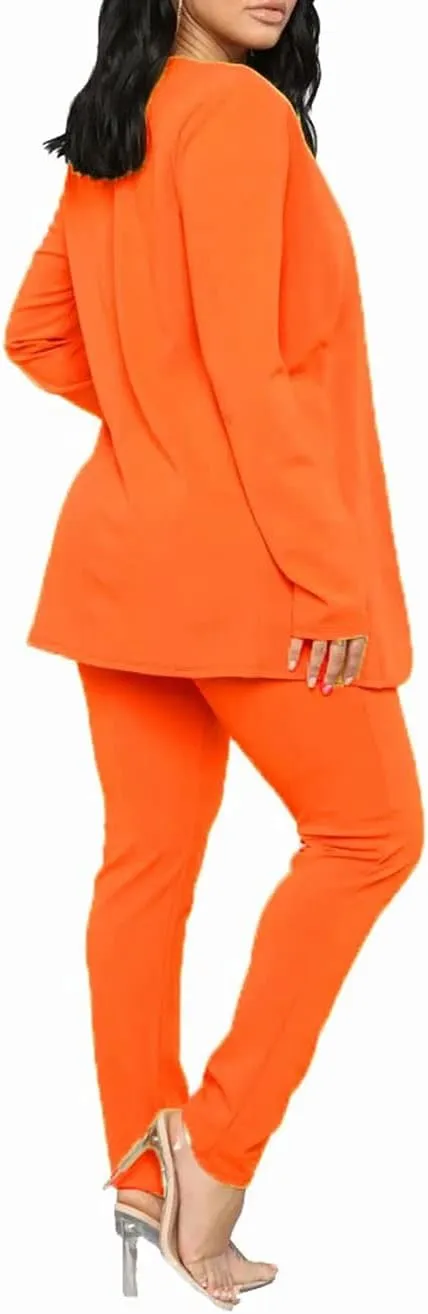 Aro Lora Women's 2 Piece Outfit Casual Solid Open Front Blazer and Pencil Pant Suits Set