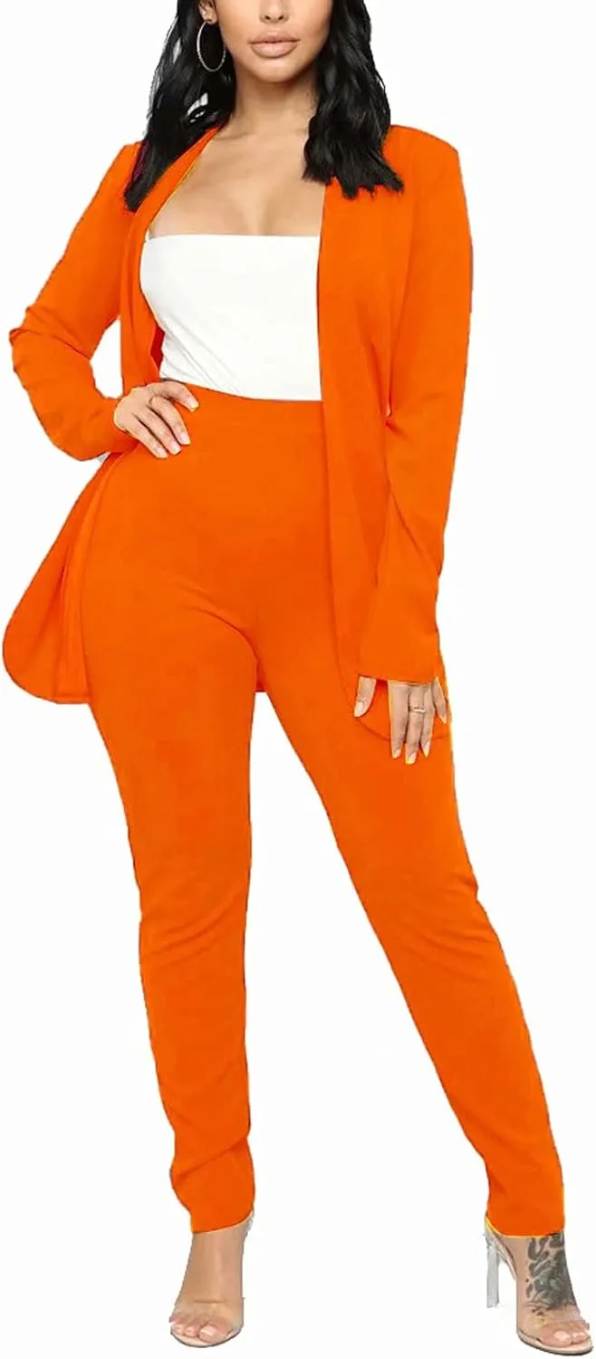 Aro Lora Women's 2 Piece Outfit Casual Solid Open Front Blazer and Pencil Pant Suits Set