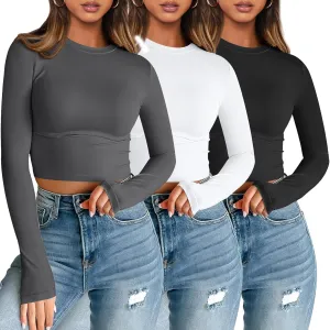 AUTOMET 3 Pack Womens Long Sleeve Shirts Y2K Going Out Crop Tops Cute Basic Slim Fitted Fall Fashion Outfits 2025 Clothes
