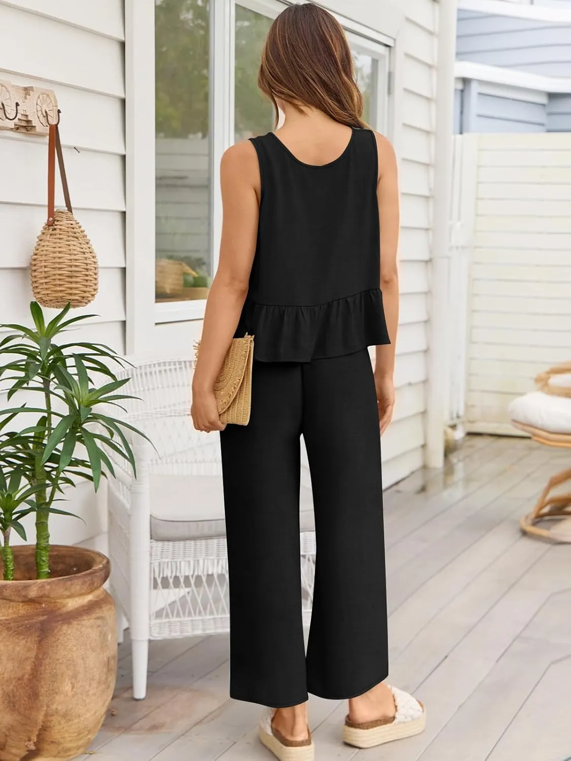 AUTOMET Womens Summer 2 Piece Outfits Linen Crop Tank Tops Lounge Matching Sets & Long Track Pants Tracksuits 2025