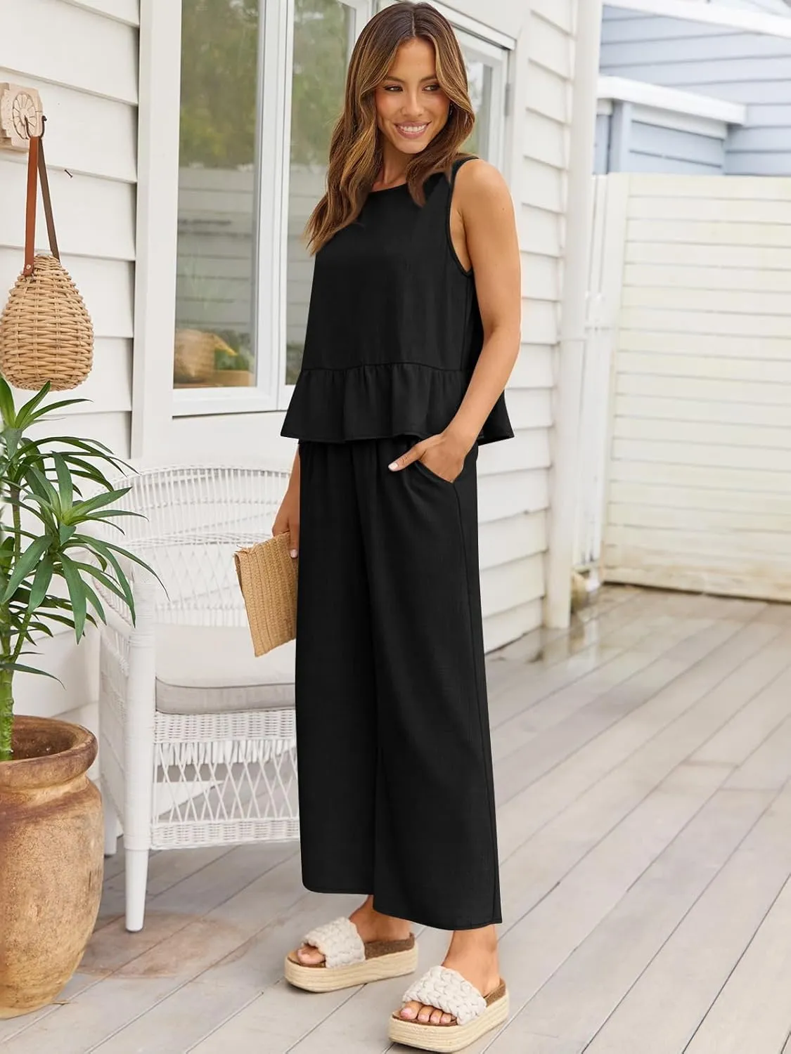 AUTOMET Womens Summer 2 Piece Outfits Linen Crop Tank Tops Lounge Matching Sets & Long Track Pants Tracksuits 2025