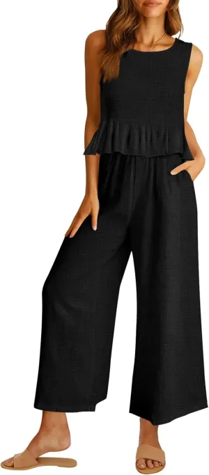 AUTOMET Womens Summer 2 Piece Outfits Linen Crop Tank Tops Lounge Matching Sets & Long Track Pants Tracksuits 2025