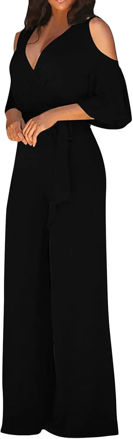 Autumn and Winter Women' V-Neck Short Sleeves Casual Long Pants Wide Leg Jumpsuits