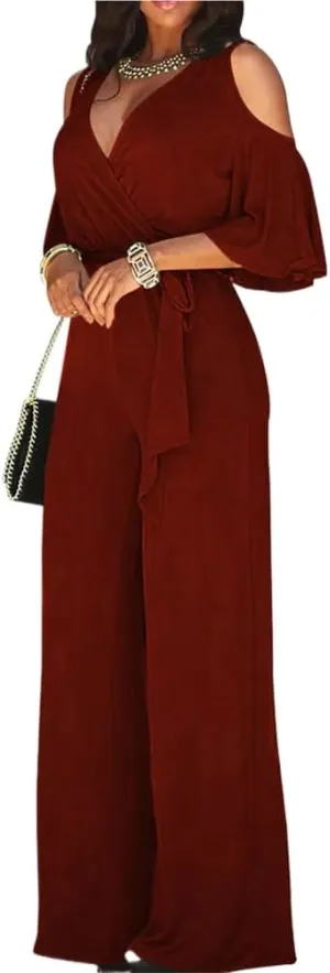 Autumn and Winter Women' V-Neck Short Sleeves Casual Long Pants Wide Leg Jumpsuits