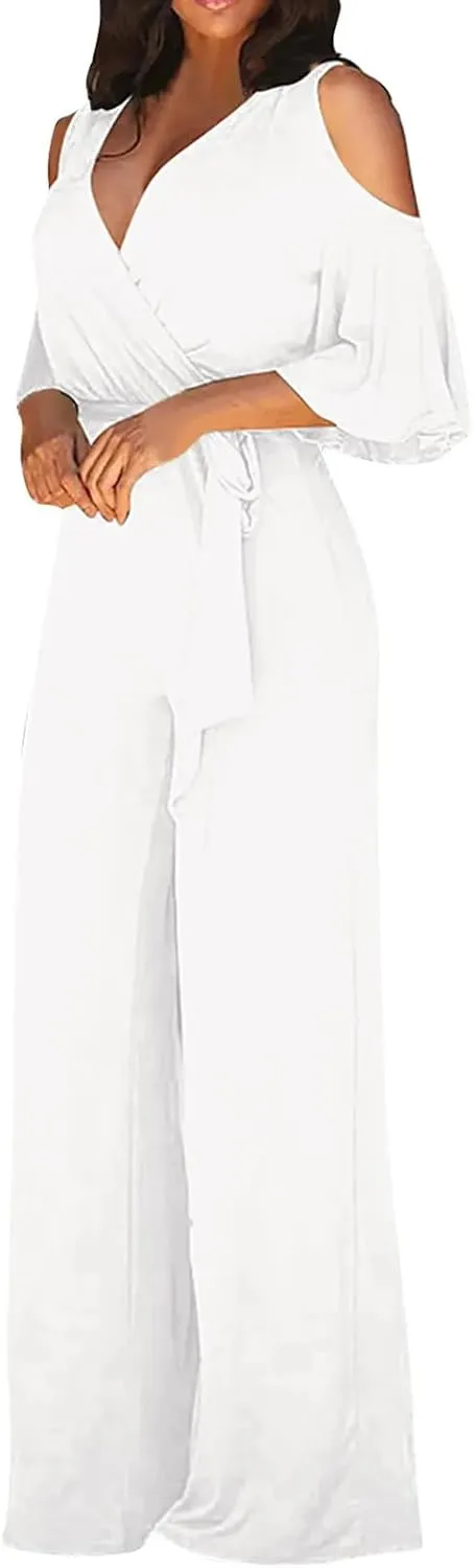 Autumn and Winter Women' V-Neck Short Sleeves Casual Long Pants Wide Leg Jumpsuits