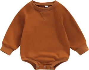 Baby Girl Boy Solid Sweatshirt Bubble Romper Crewneck Bodysuit Pullover Tops Oversized Newborn Sweater Romper Outfit
