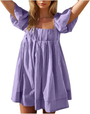 Babydoll Dresses for Women 2025 Cute Puff Short Sleeve Square Neck Tshirt Dress High Waist A Line Dress Mini Dresses